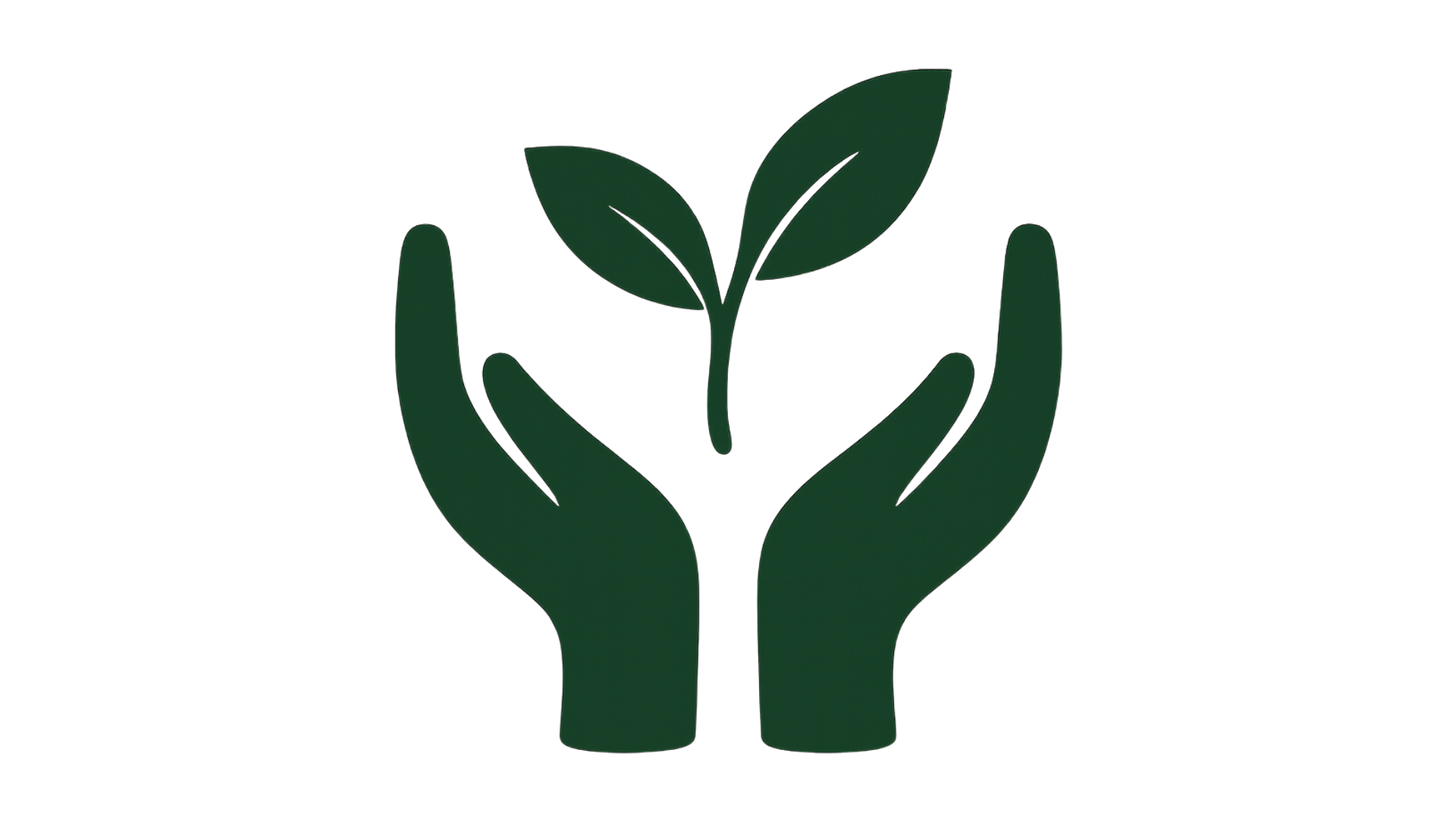 Green hands gently holding a small seedling plant with two leaves.