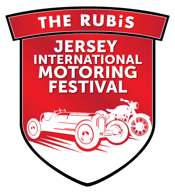 A red and white shield-shaped logo for the Jersey International Motoring Festival, featuring a vintage car and a motorcycle.