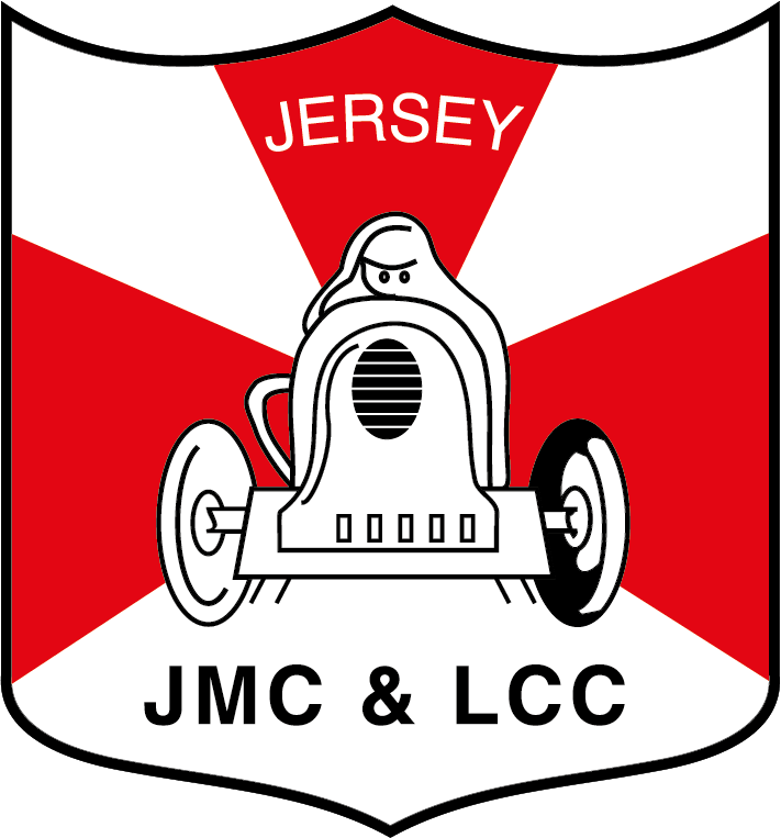A logo with a stylized car in the center, featuring a face with eyes on the front. The background has red, white, and black colors with the word "JERSEY" at the top and