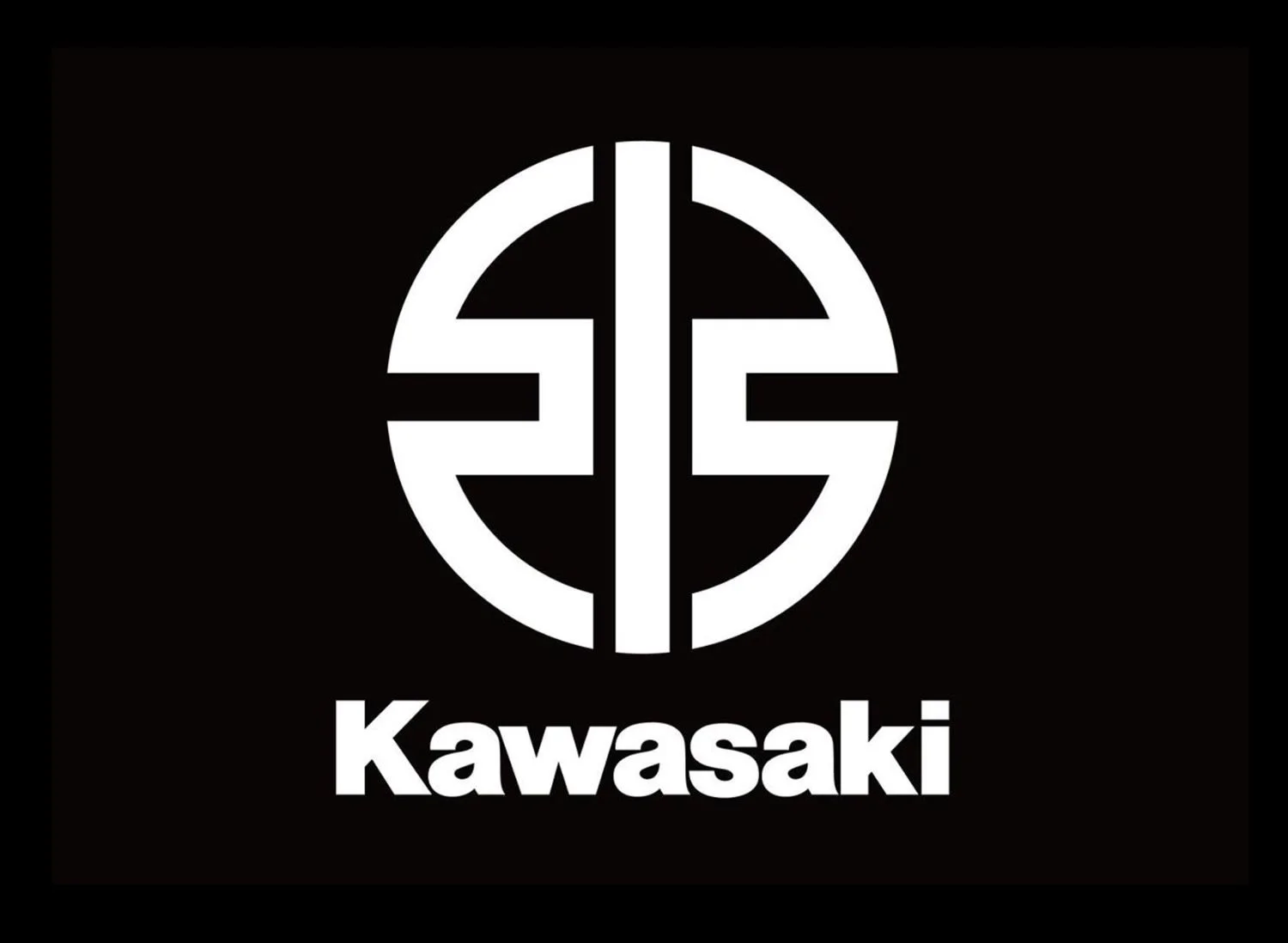 Black background with a white circular logo composed of stylized lines and shapes centered above the word "Kawasaki" in bold white text.