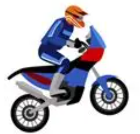 Illustration of a person riding a blue and red dirt bike, wearing a helmet and riding gear.