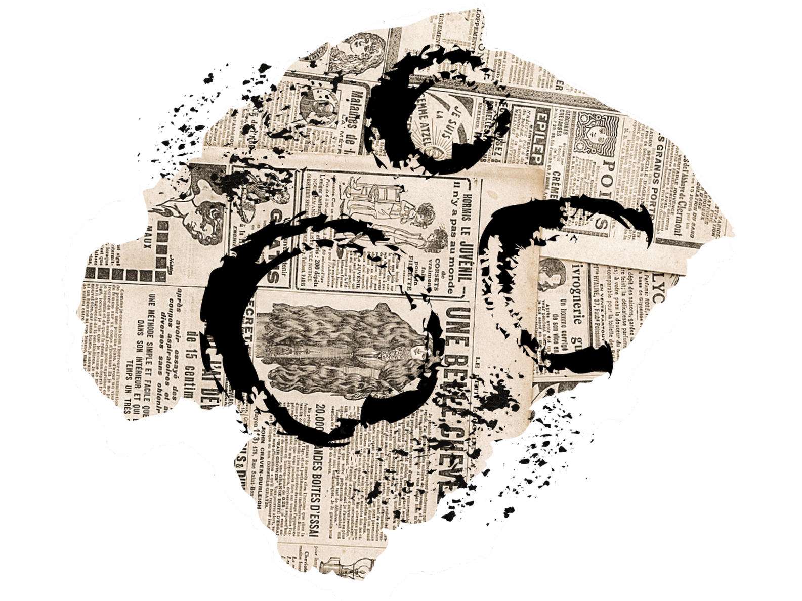 A circular spray-painted marks on torn newspaper pieces, creating white and black contrasts.