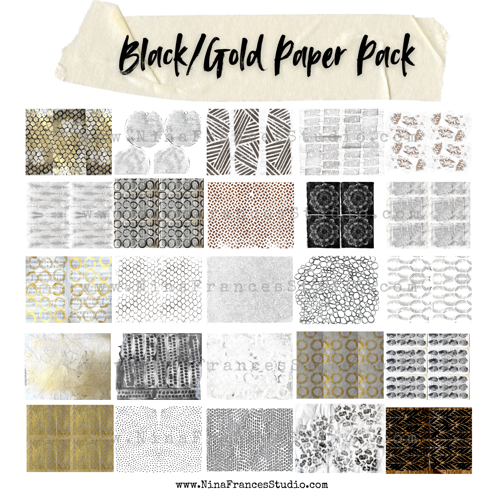 Black Hand Painted Digital Paper Pack - 25 Unique Papers
