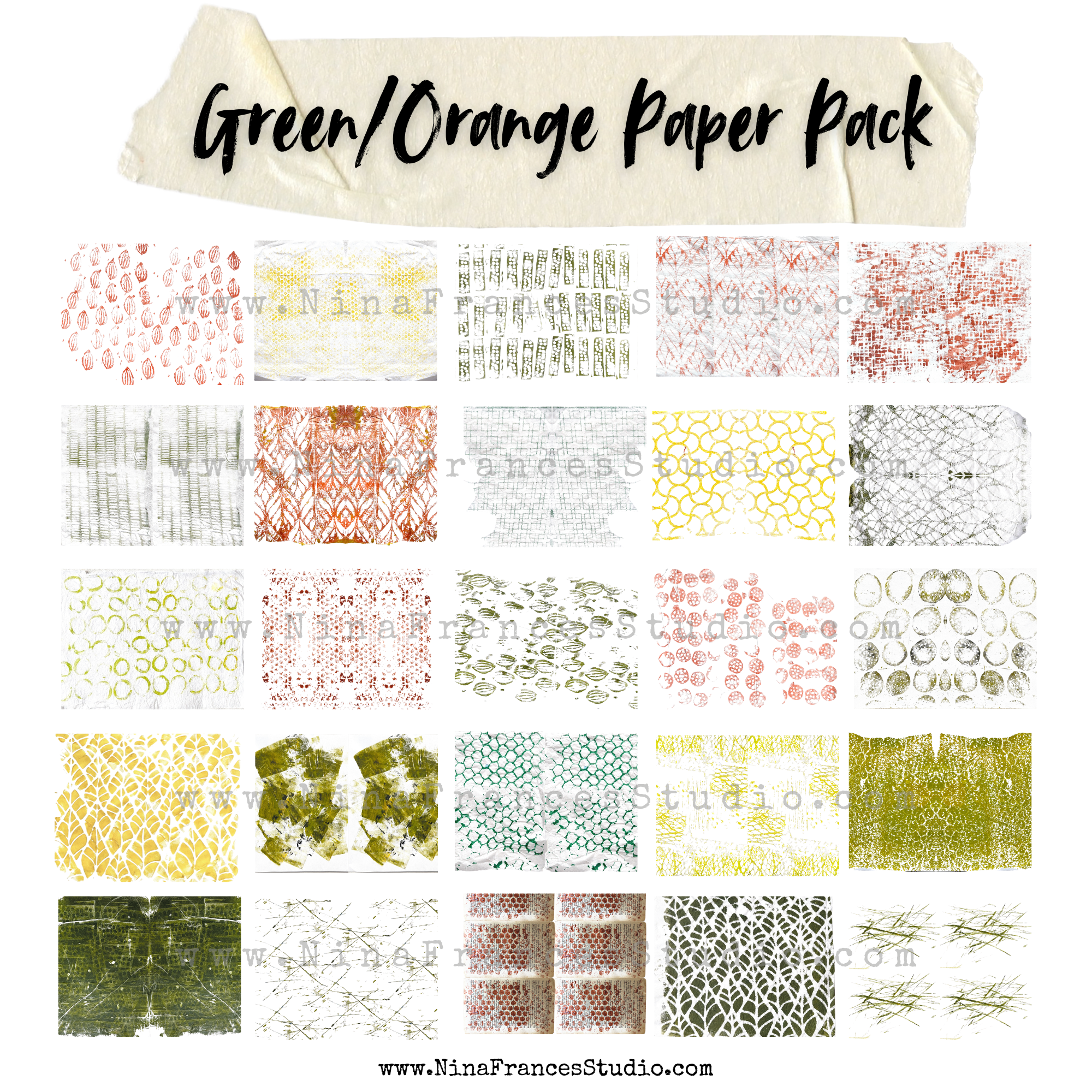 Green Hand Painted Digital Paper Pack - 25 Unique Papers