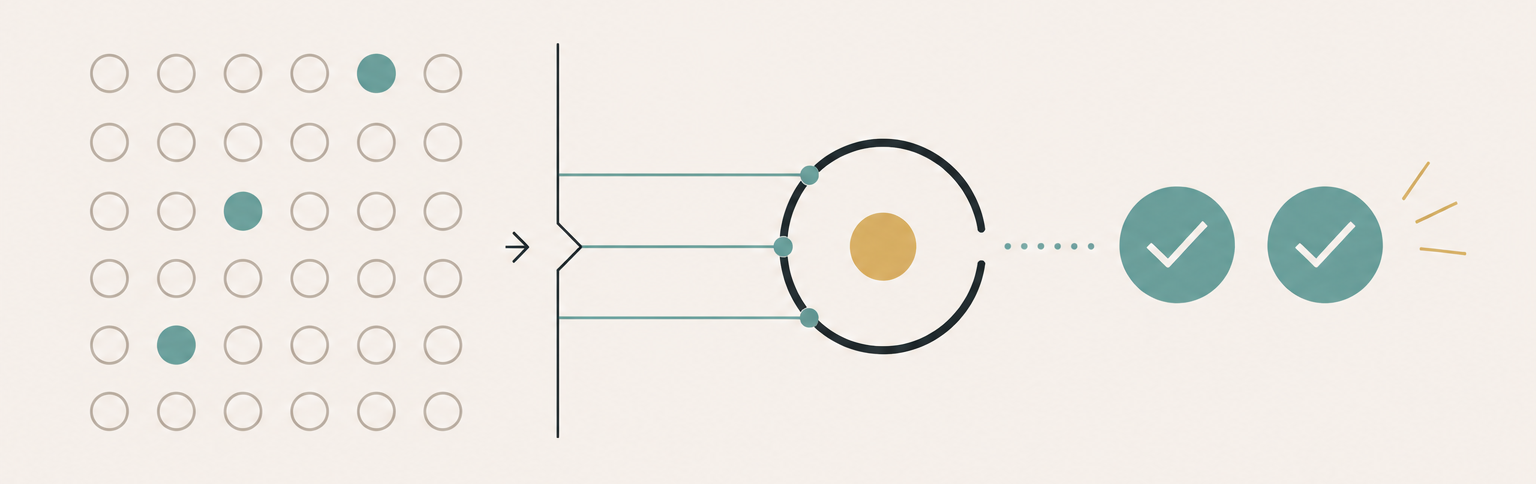 Diagrama con círculos y flechas, mostrando una fila de círculos con algunos resaltados y un proceso que conduce a marcas de verificación.
