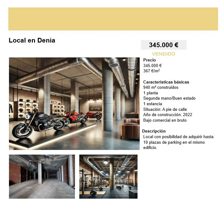 Información de un local en Denia en venta por 345,000 euros, con características básicas como 940 metros cuadrados construidos en una planta, en buen estado y a pie de calle. Incluye una zona de estacionamiento con capacidad para hasta 10 autos. Interior moderno con motocicletas exhibidas y áreas de gimnasio.