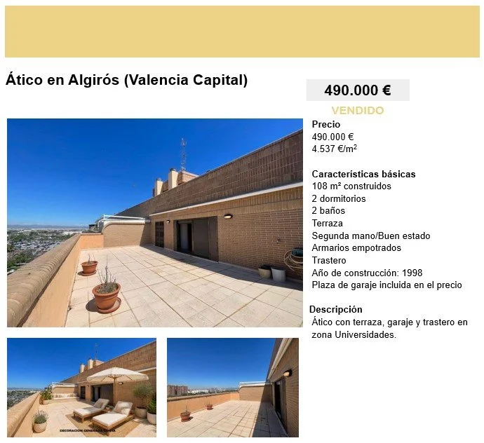 Ático en algirós, Valencia, con terraza espaciosa, área de 108 m², 2 dormitorios, 2 baños, vista panorámica, muebles empotrados, trastero, construído en 1998, precio de 490,000 euros, en venta.