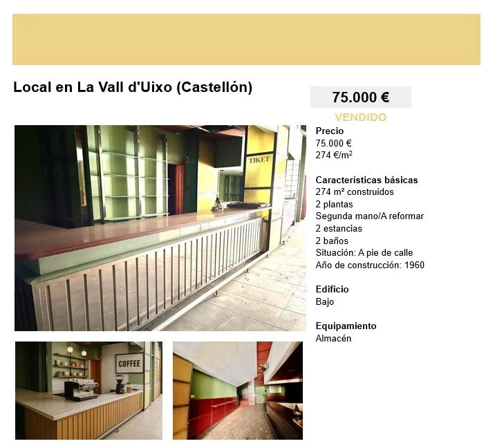 Imagen de un anuncio de venta de un local en La Vall d'Uixó, Castellón, con el precio de 75,000 euros. Incluye fotos del interior del local, mostrando un mostrador, una cafetería y un pasillo. La descripción indica que el local tiene 274 m² construidos, en un edificio bajo, con dos plantas, segunda mano o a reformar, con dos estancias y dos baños, situado a pie de calle, construido en 1960, y equipado con un almacén.
