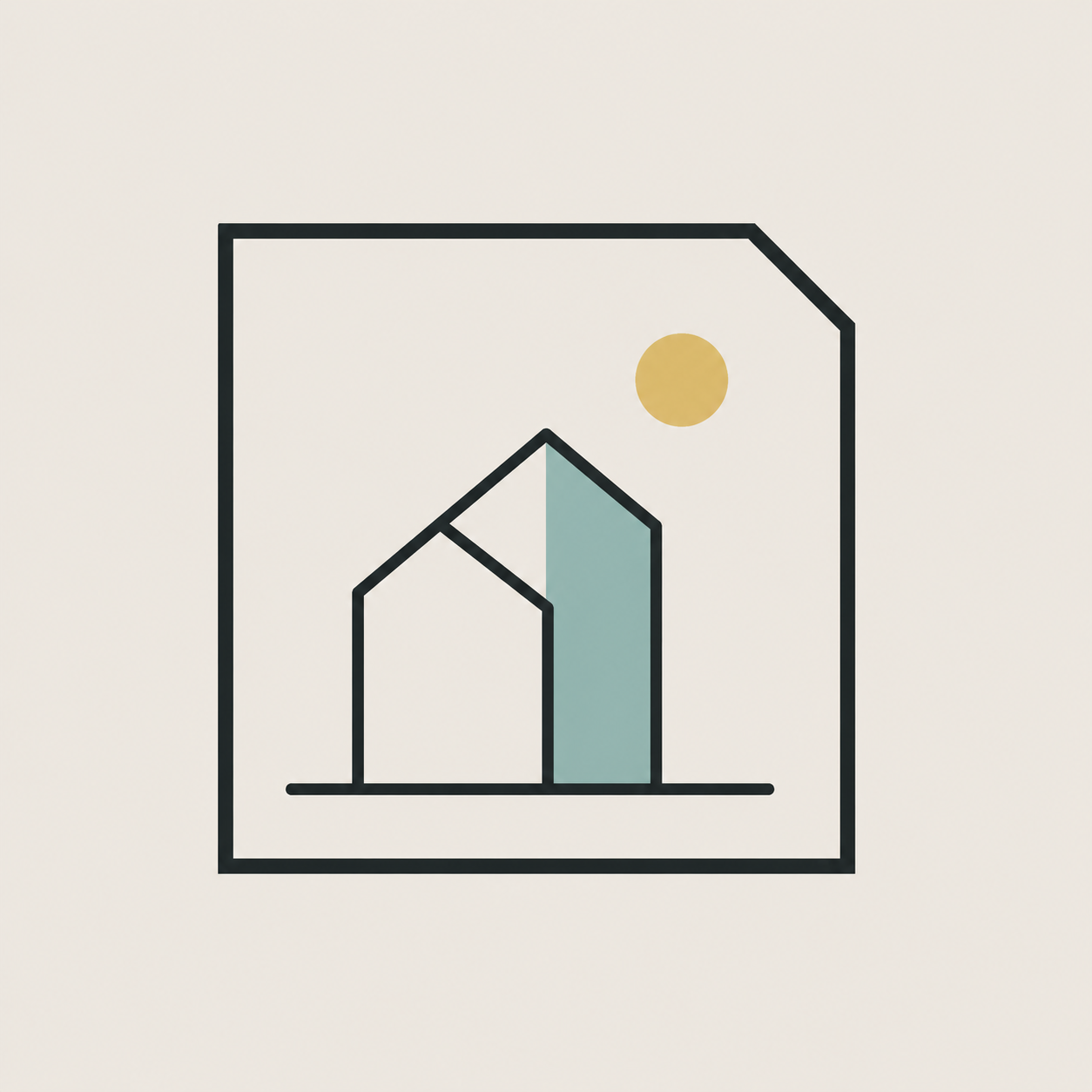 Dibujo minimalista de casas y un sol en una cartulina
