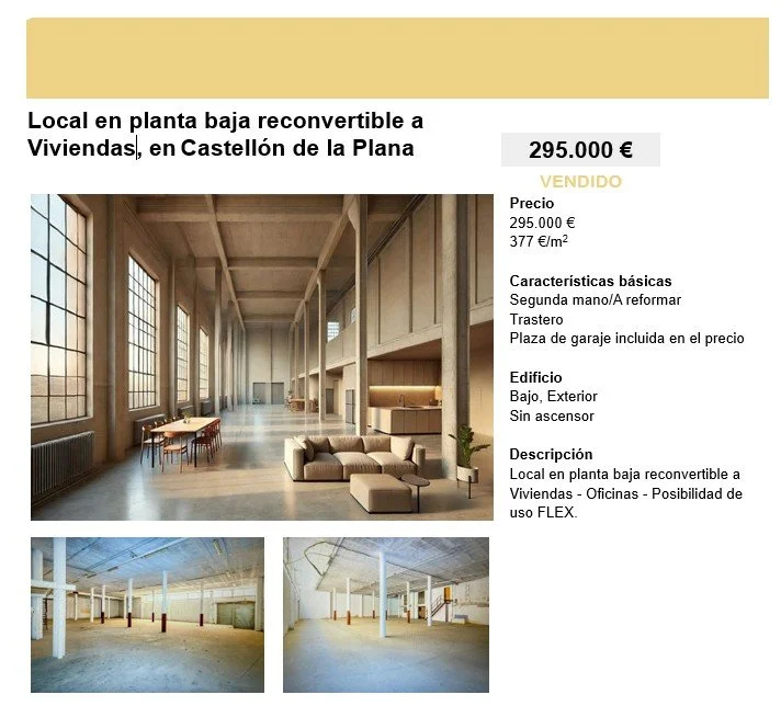 Información de un local en planta baja que puede convertirse en vivienda en Castellón de la Plana, con un precio de 295,000 euros. Incluye características básicas como segunda mano, a reformar, trastero y plaza de garaje incluida. Edificio de bajo y exterior sin ascensor. El local puede usarse como vivienda, oficina o para uso flexible.