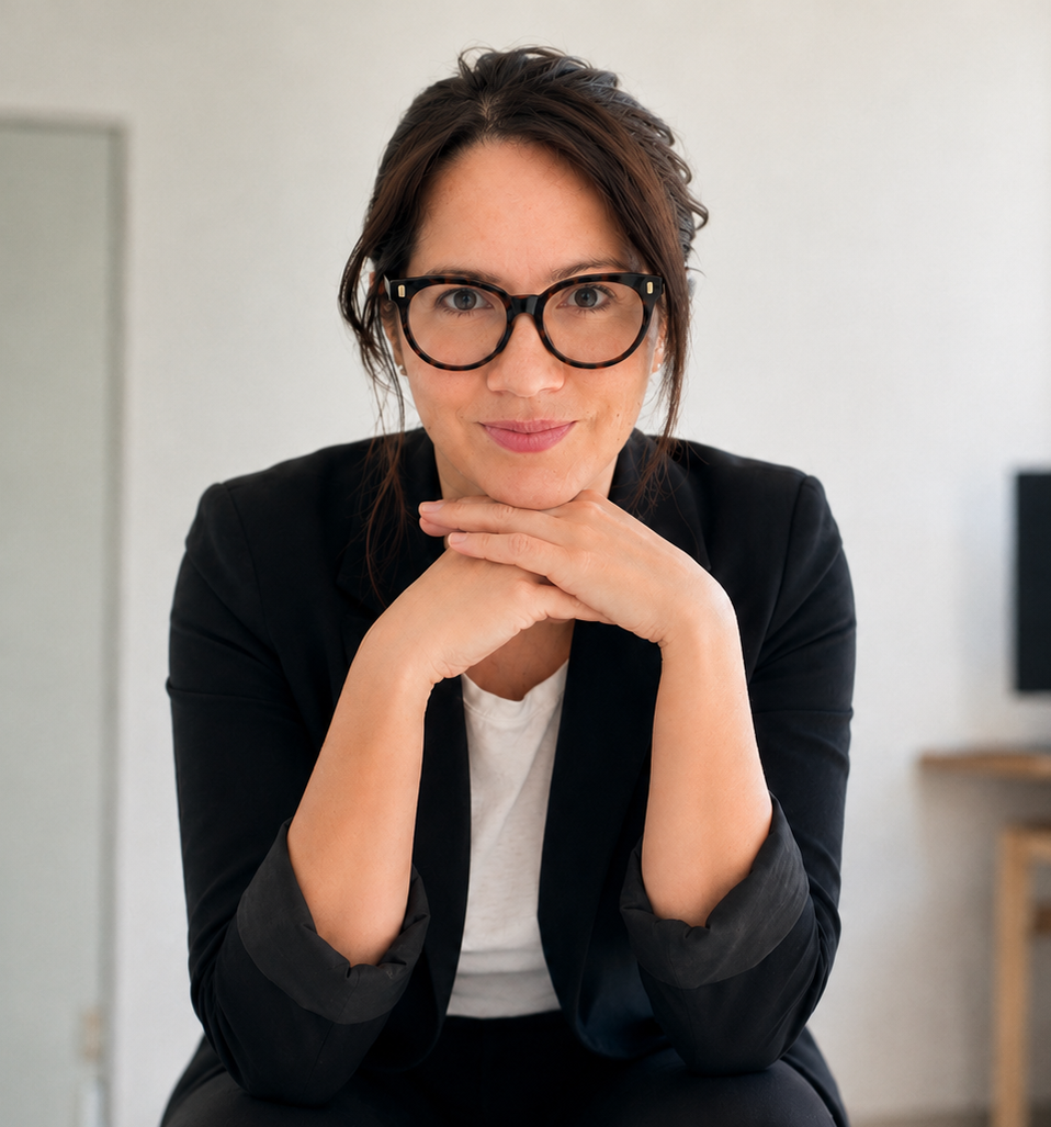 Mujer con gafas de montura gruesa, cabello castaño, sonriendo, en un entorno de oficina.