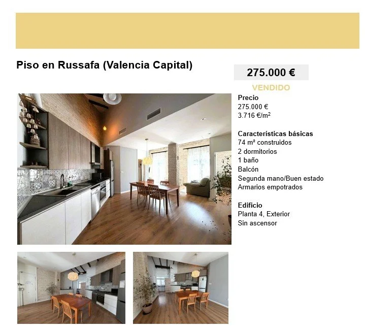 Imagen de un anuncio inmobiliario que muestra un apartamento en Russafa, Valencia, con un precio de 275,000 euros. Incluye una foto del interior con cocina y zona de estar, y dos fotos adicionales de la cocina con comedor.