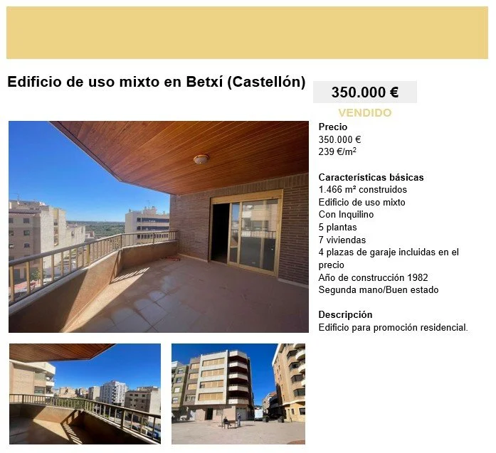 Publicidad de un inmueble en Betxi, Castellón, con fotos de un balcón y edificios cercanos, indicando precio y características del inmueble.