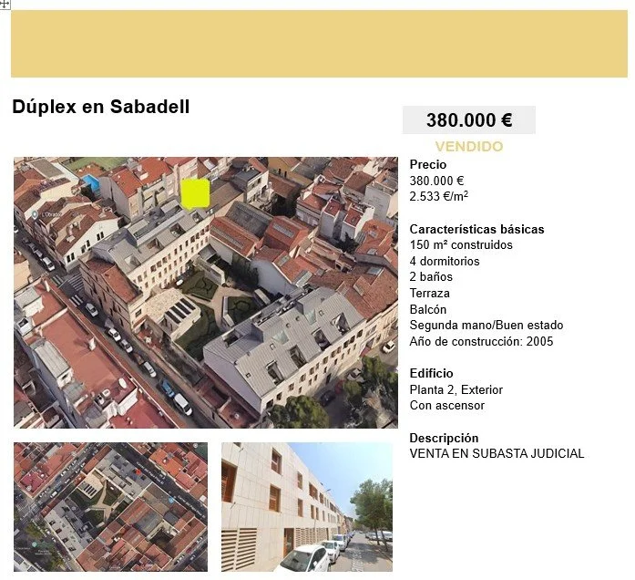 Imagen de un anuncio de venta de un dúplex en Sabadell con fotos del edificio y su entorno, detalles de la propiedad, características básicas y precio, en un estilo de folleto inmobiliario.