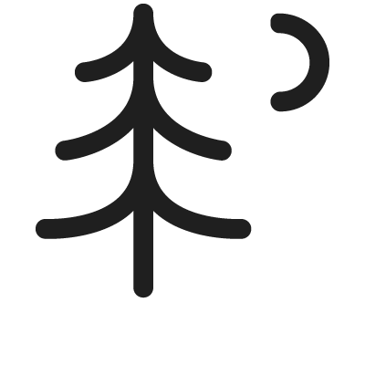 Stylized black tree icon with a crescent shape above it