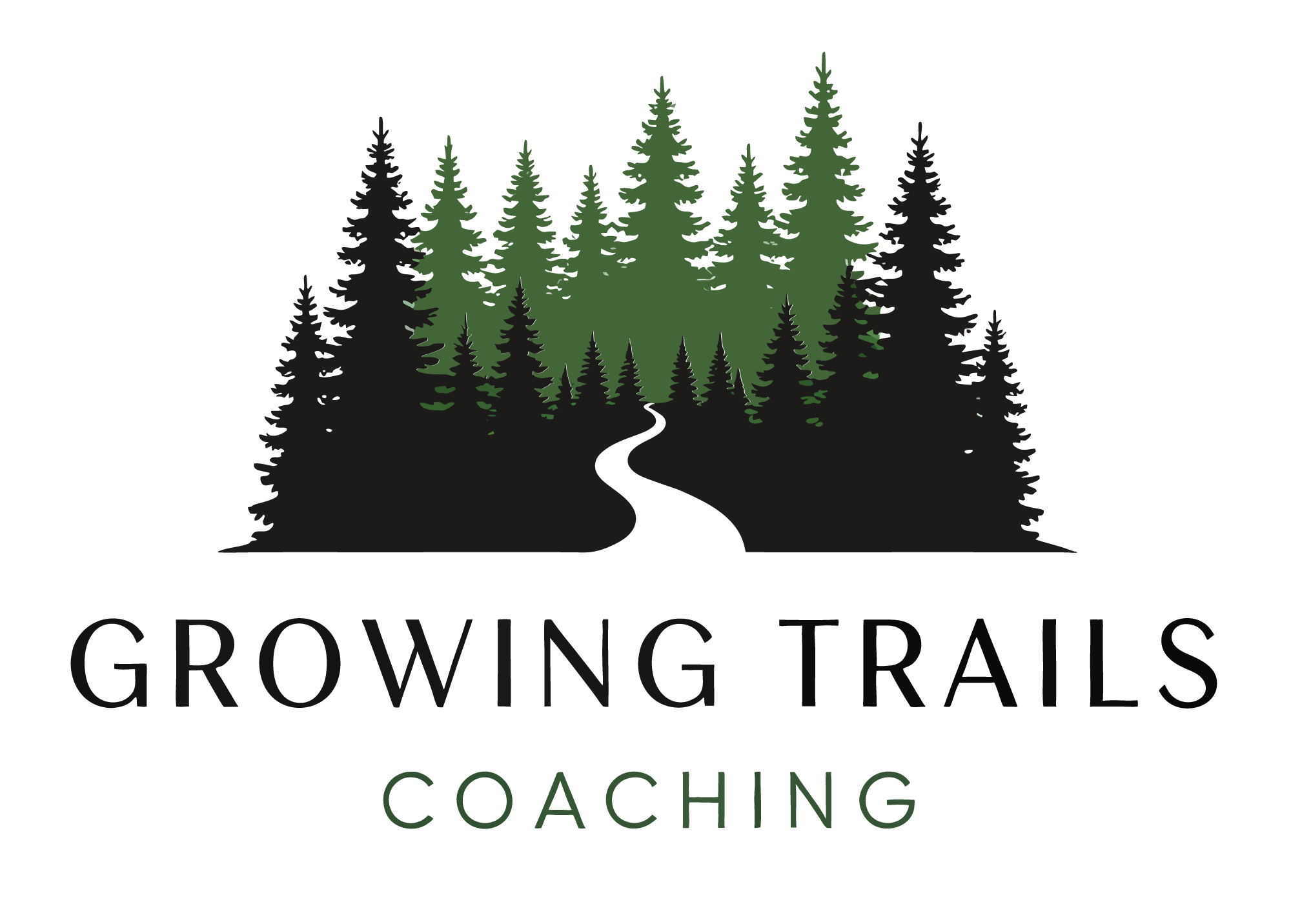 Logo for Crowned Trailing Coaching with a silhouette of pine trees and a winding trail.