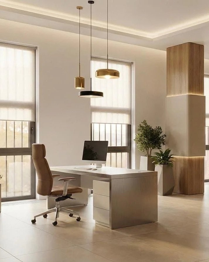 Modern office space with a white desk, brown ergonomic office chair, computer monitor, large windows with blinds, and decorative hanging pendant lights in gold and black. There are also potted plants and a wooden pillar.