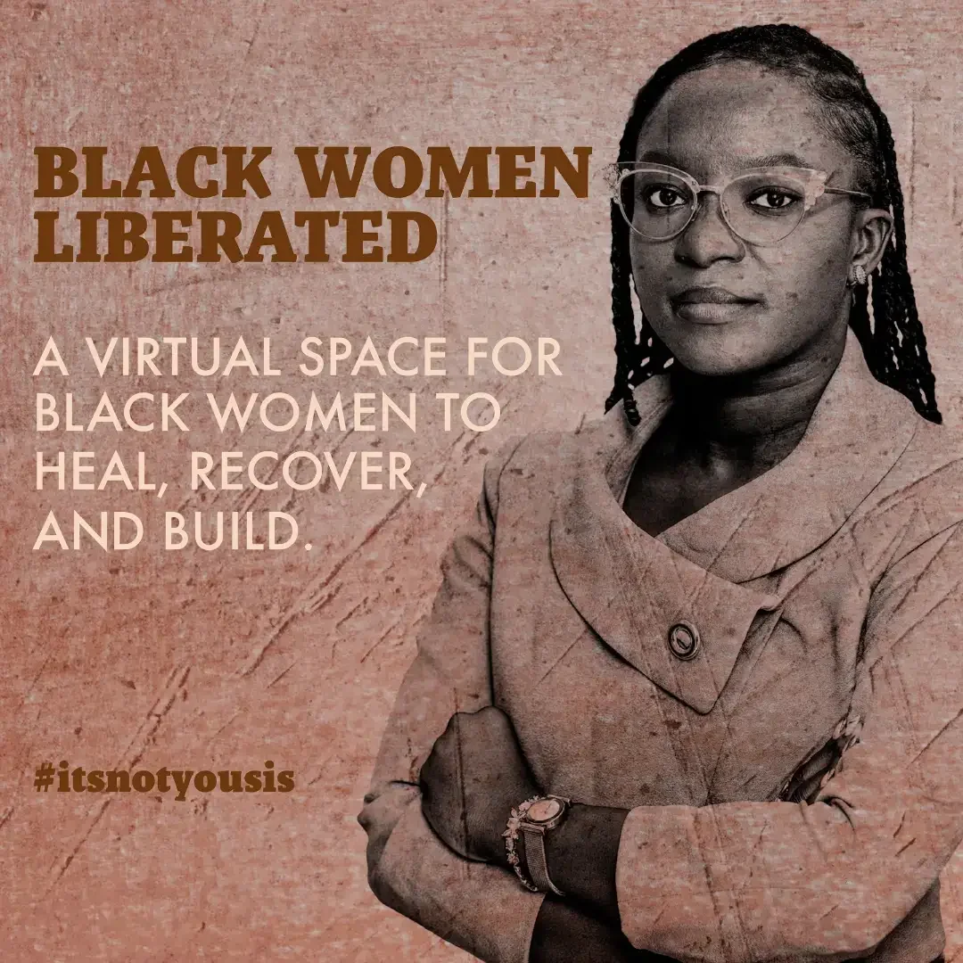 Graphic of black professional woman with arms folded facing camera with Black Women Liberated overlayed