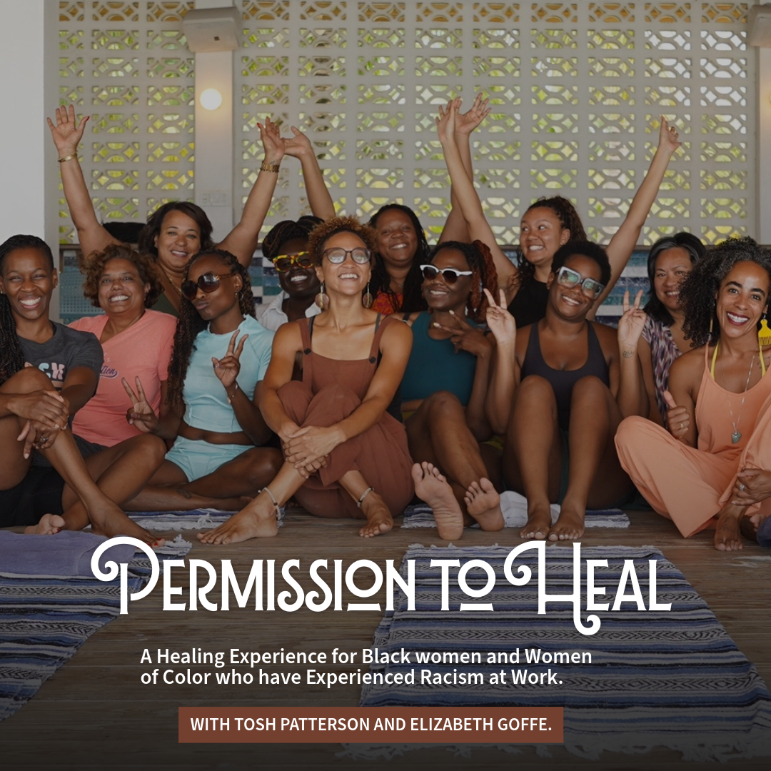 Group of smiling black women seated on the floor, posing for the camera with the words "Permission To Heal" overlayed 