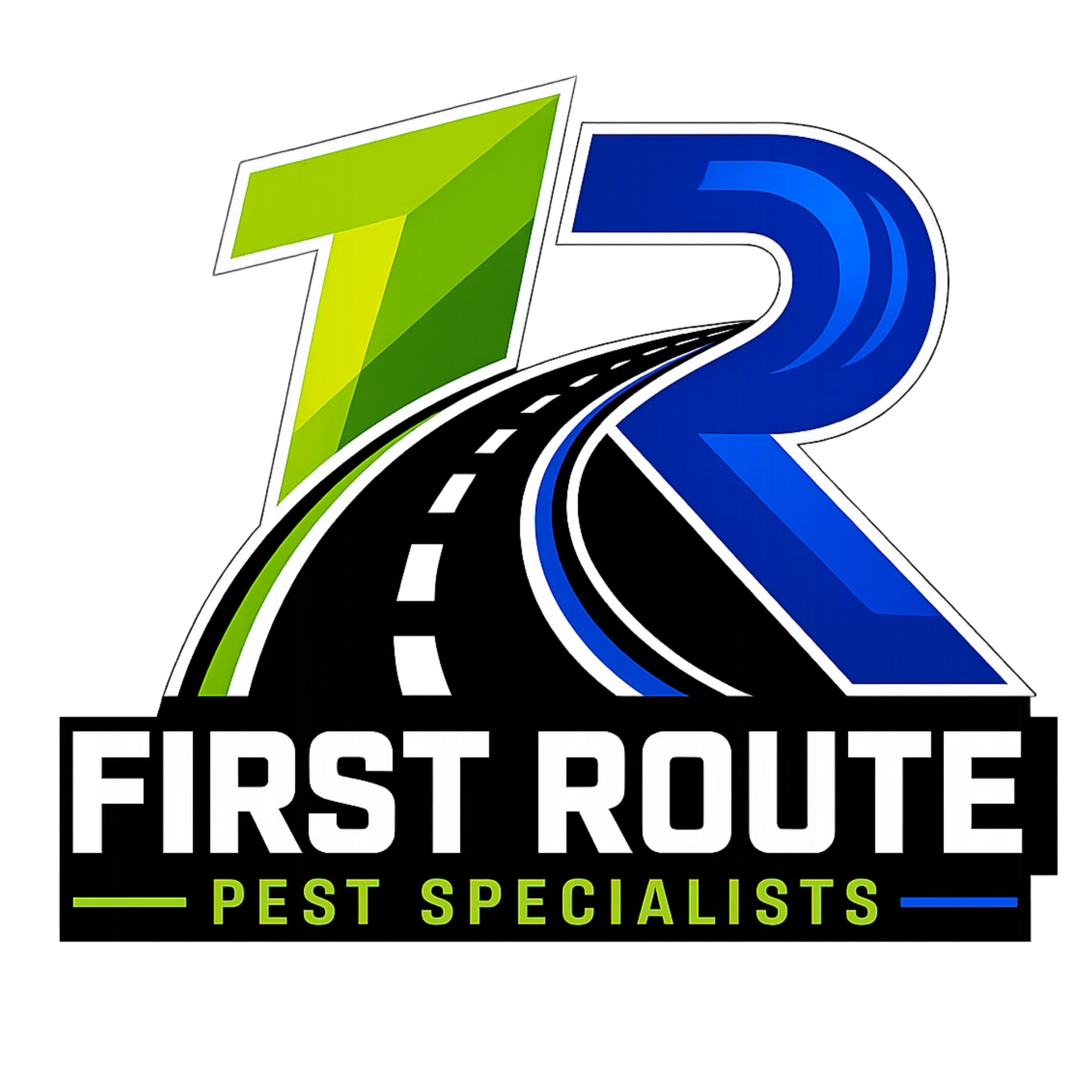 Logo for First Route Pest Specialists, featuring a stylized green and blue road with the company name and tagline.