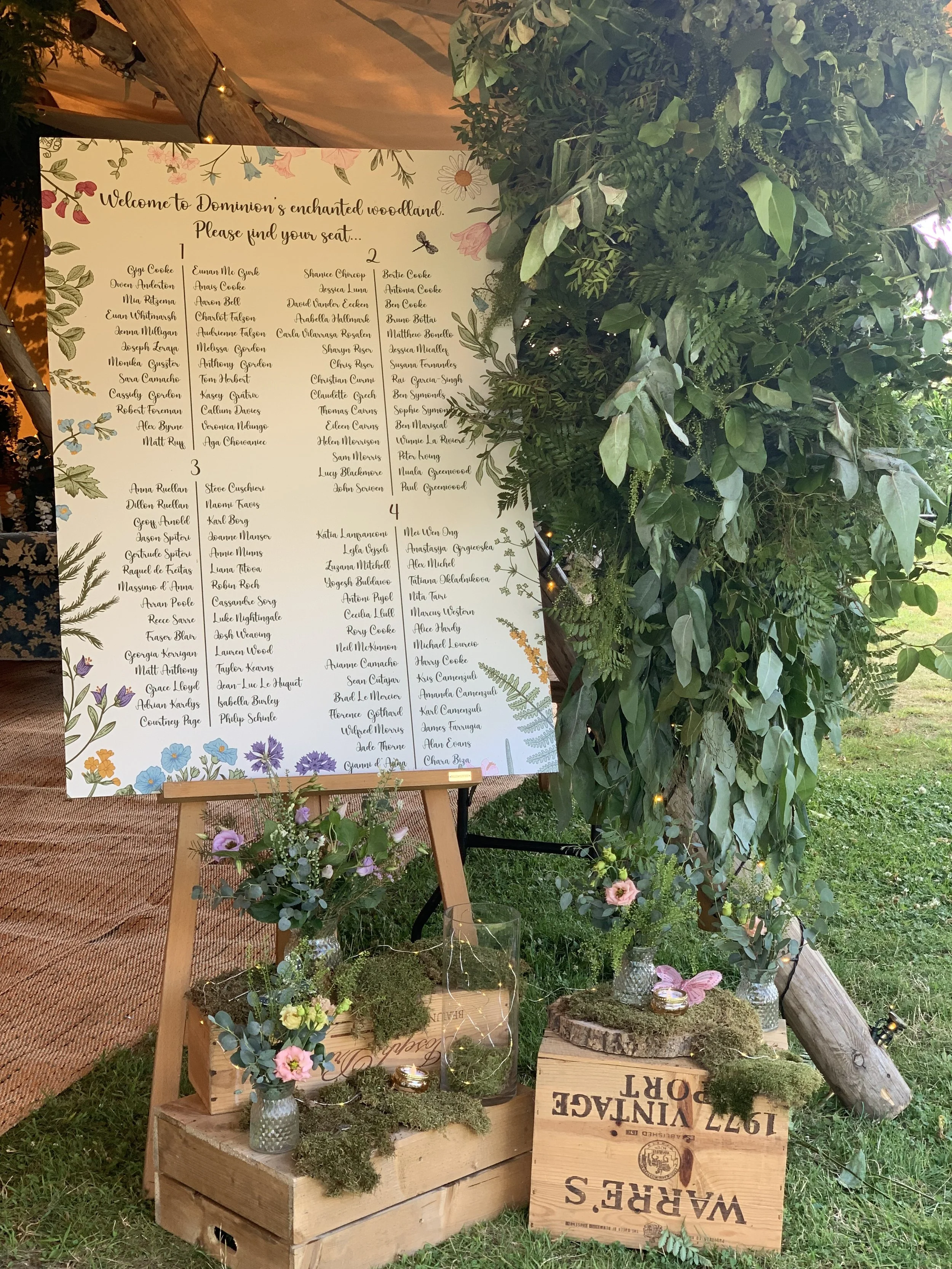 Enchanted woodland themed event seating plan and decor