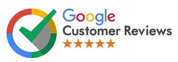 Google Customer Reviews logo with a green checkmark inside a multicolored circle and five orange stars indicating five-star rating.