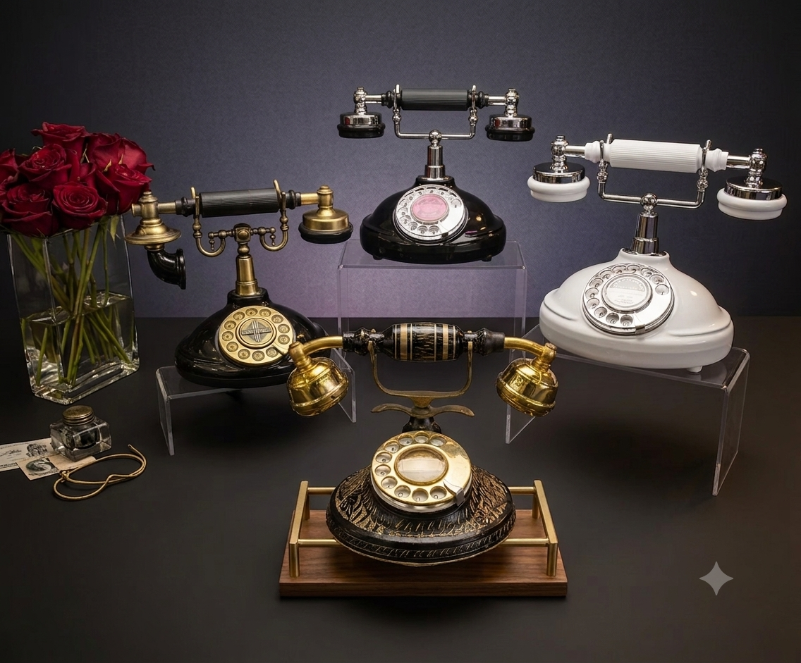 Display of vintage audio guest book telephones in black, gold, and white arranged on acrylic stands with red roses