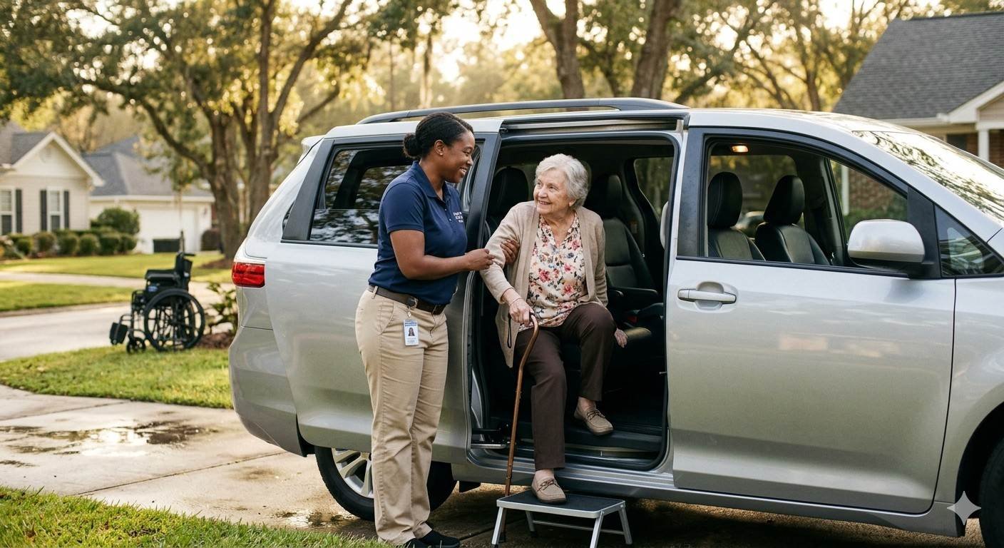 Ambulatory medical transportation driver assisting a senior passenger into a vehicle for a medical appointment in the CSRA.