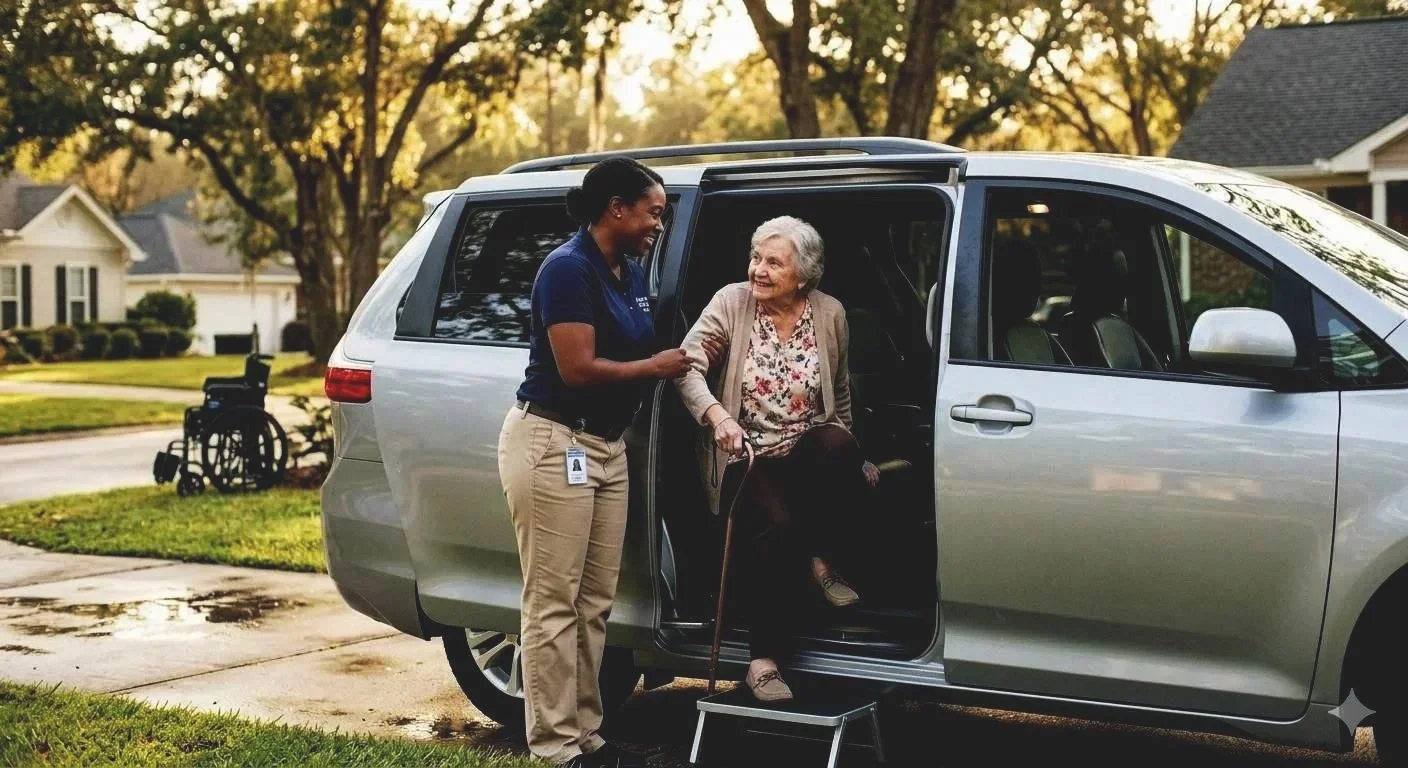 Senior citizen been helped inside an ambulatory transportation 