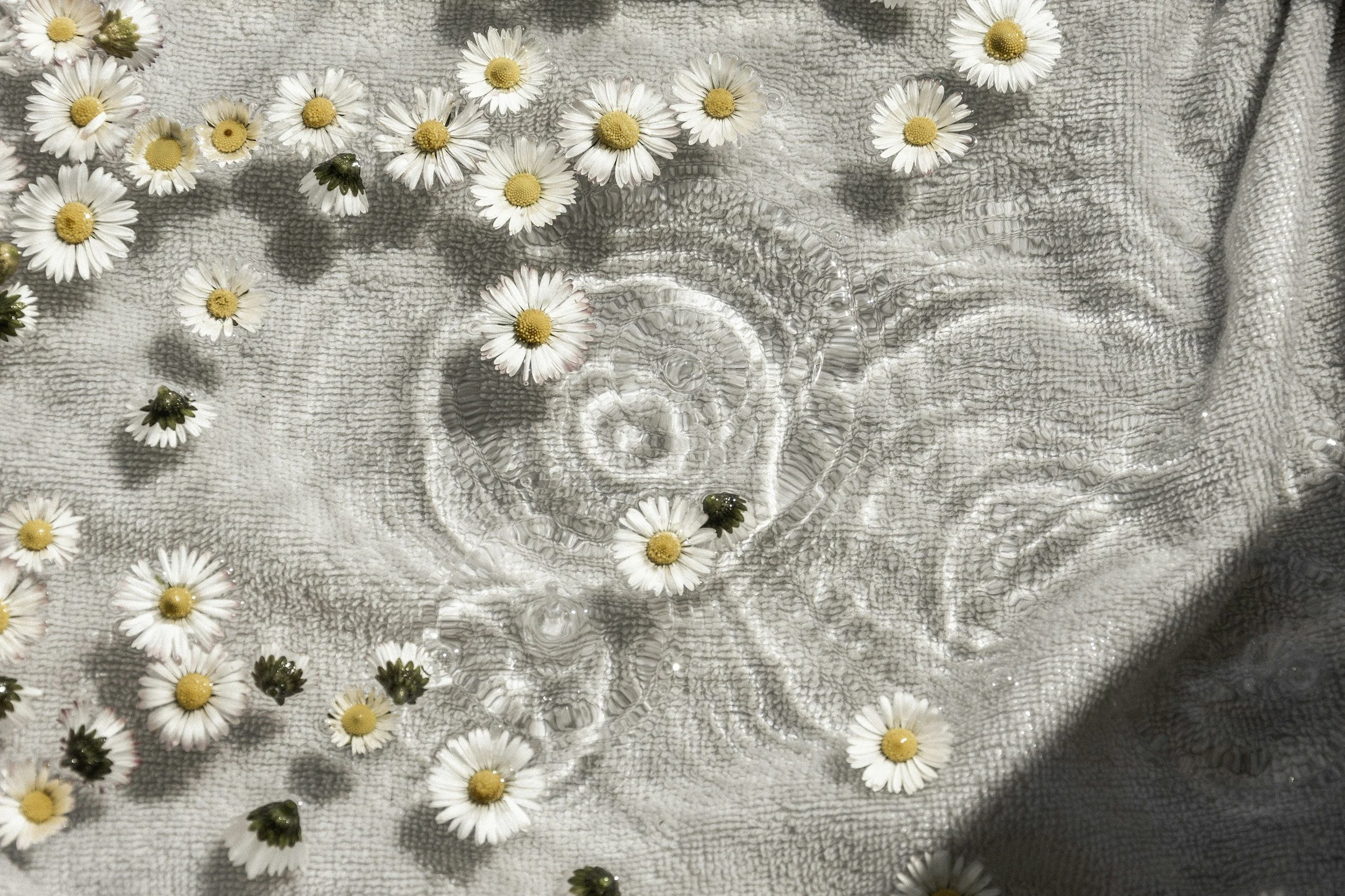 A close-up of a textured cloth with scattered white daisies with yellow centers and small buds, with a clear glass dish nearby, partially visible.