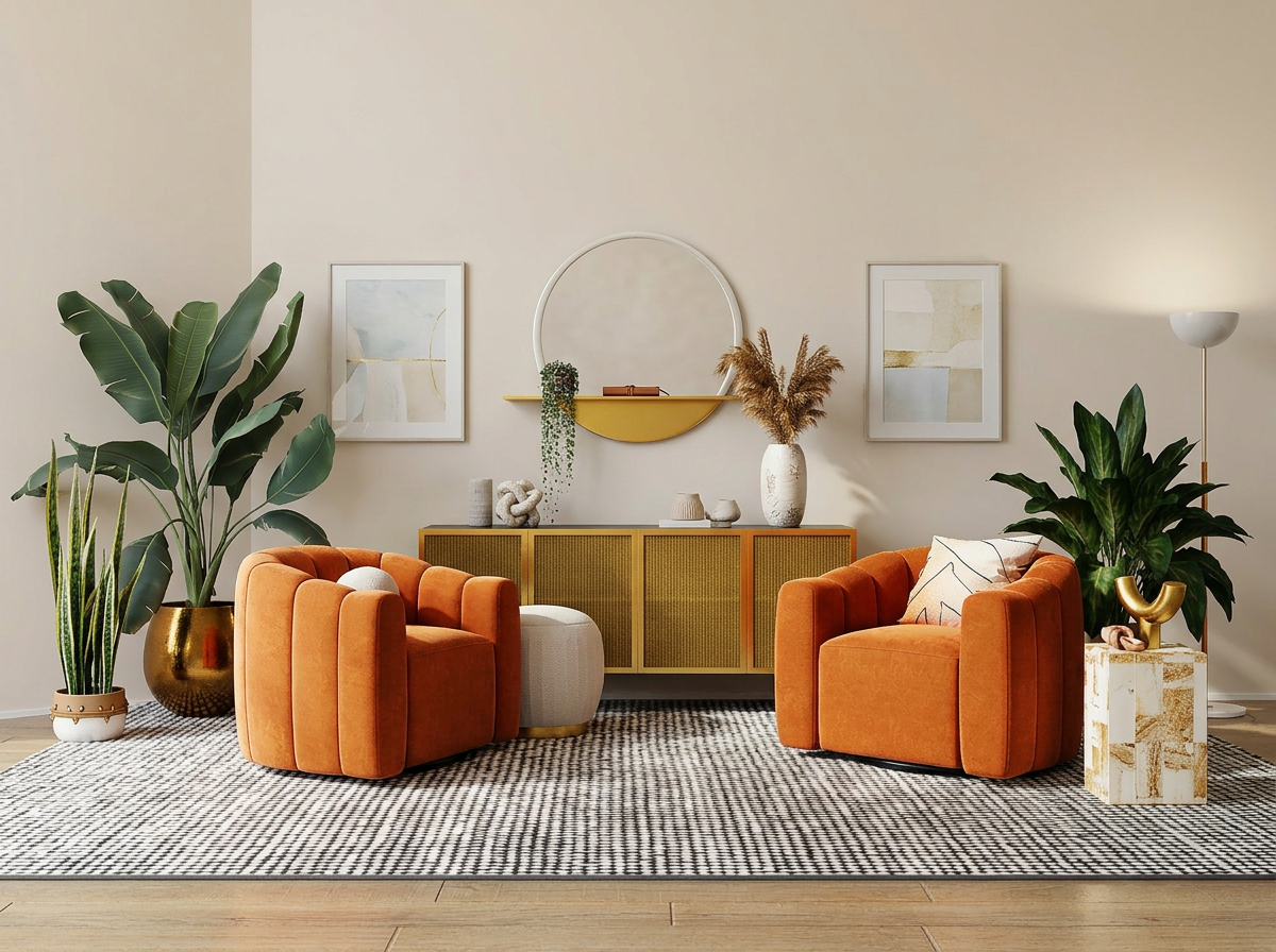 Modern living room with two orange velvet armchairs, green plants in gold and white pots, a gold sideboard, abstract wall art, and decorative objects on the wall and side table.