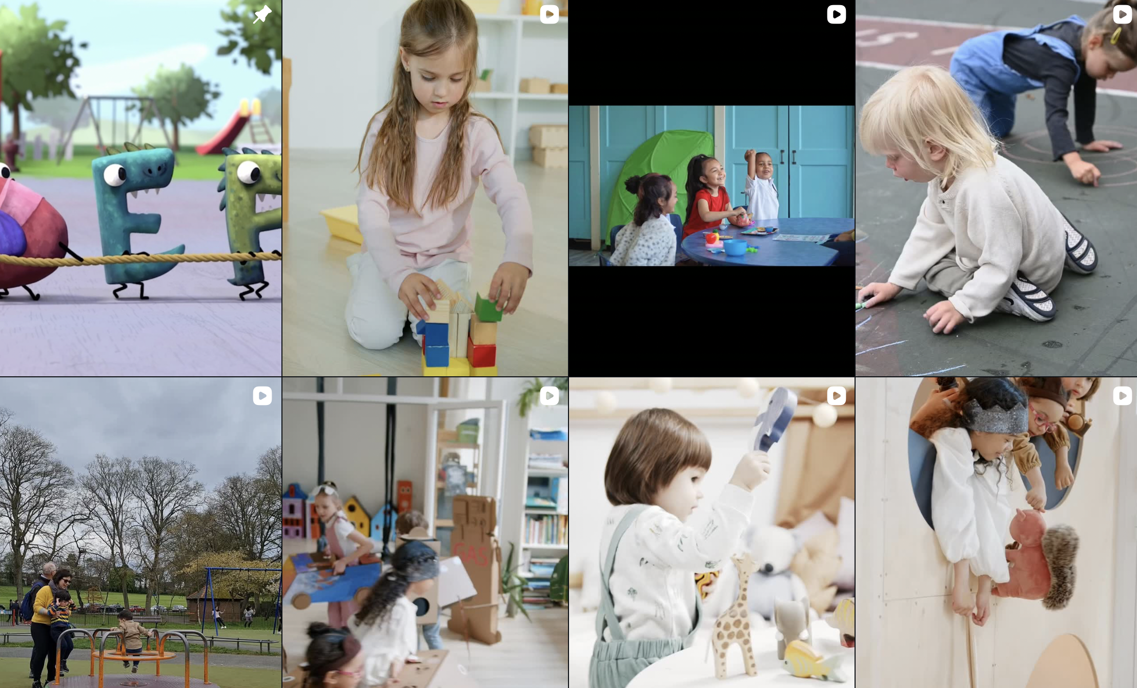 Various children and adults engaged in indoor and outdoor activities, including playing, drawing, building with blocks, and socializing in a park, classroom, and playground setting.