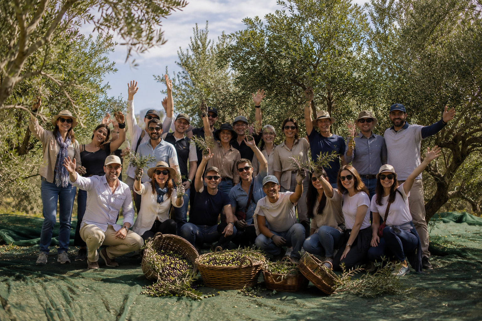 Group of people harvesting olives in an olive grove on a sunny day, smiling and celebrating with baskets of freshly picked olives.