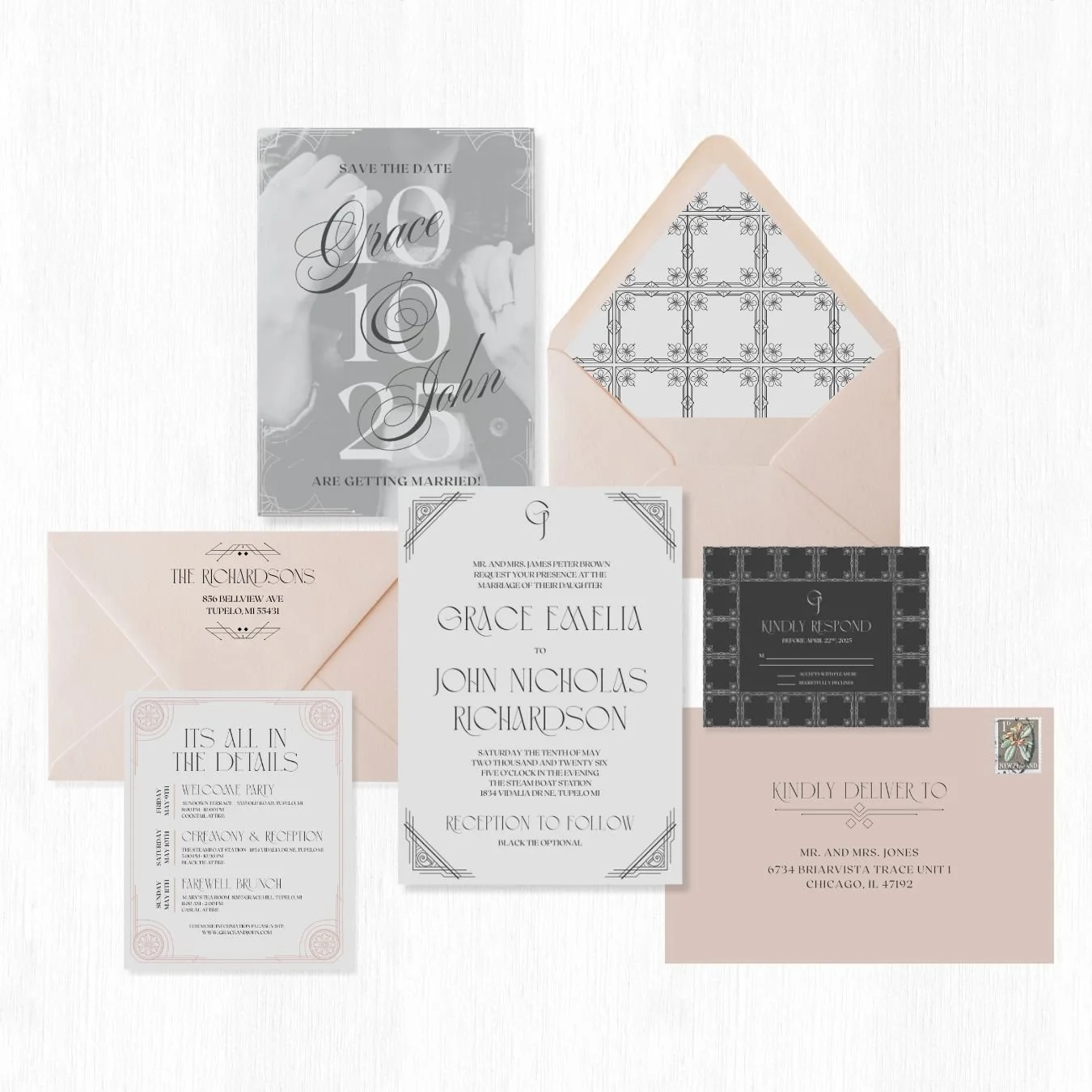 Wedding invitation suite with save the date, RSVP card, reception details, and enclosed envelope. The design features elegant black and white Art Deco elements and floral patterns.