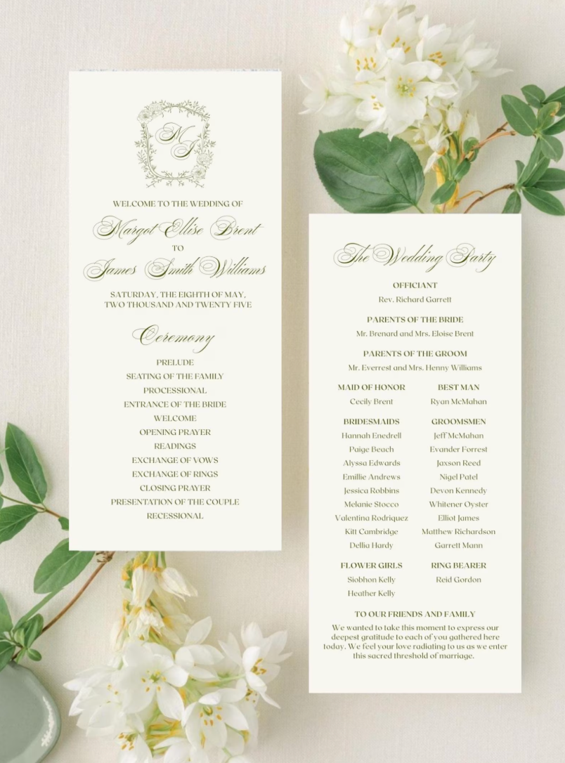 Wedding program design with floral decorations on a background of white flowers. Green and ivory tones for formal wedding timeline of events and processional.