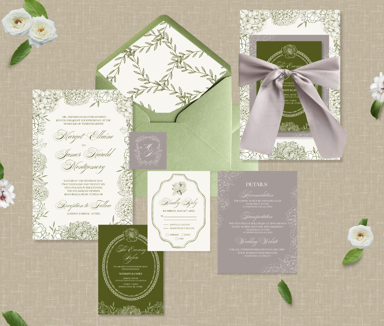 Wedding invitation suite with green and white floral designs, include invitation card, RSVP card, details card, and navy blue reception card, surrounded by white flowers and green leaves.