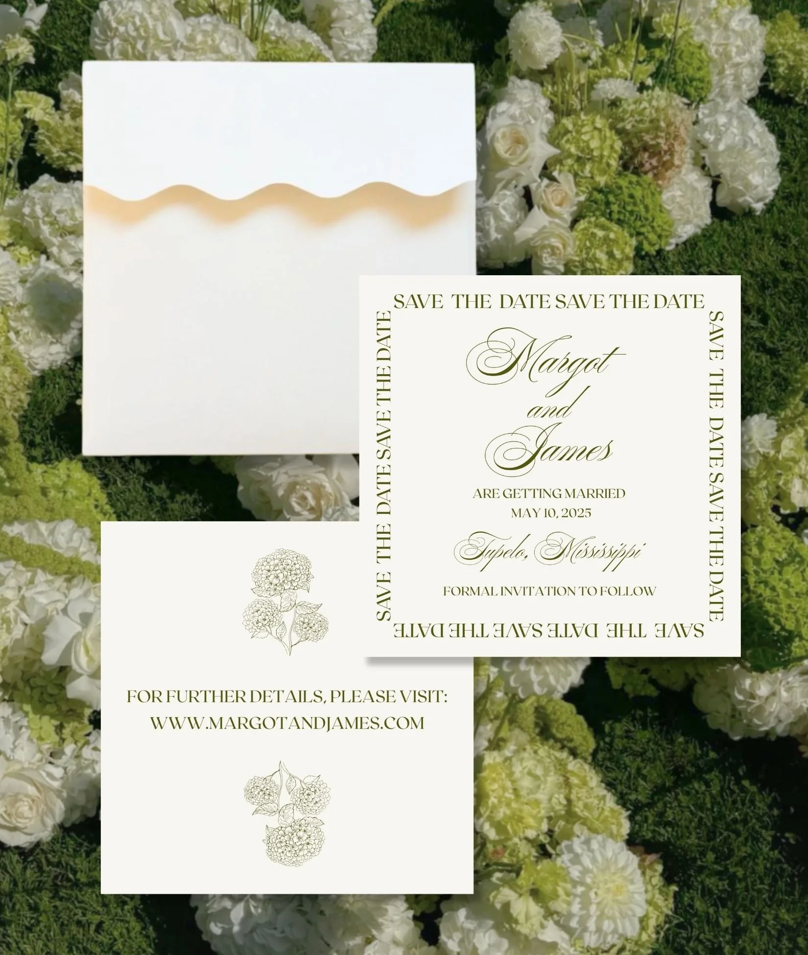 Wedding save the date and invitation cards overlayed on white and green floral background.