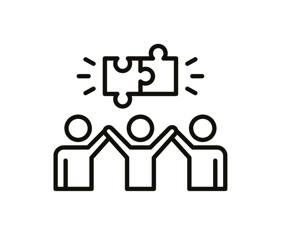 Line drawing of three people collaborating with puzzle pieces above their heads.