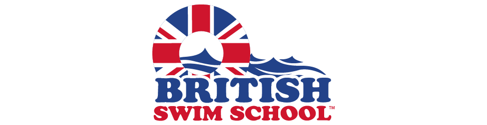 Logo for British Swim School with a swimmer and waves above the text 'BRITISH SWIM SCHOOL' in bold blue and red letters.