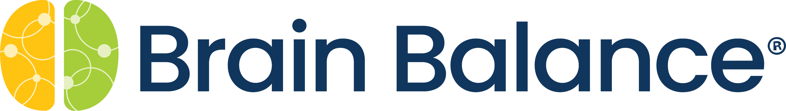 Logo of Brain Balance with a stylized brain divided into yellow and green sections with connected dots, next to the words 'Brain Balance' in bold blue letters.