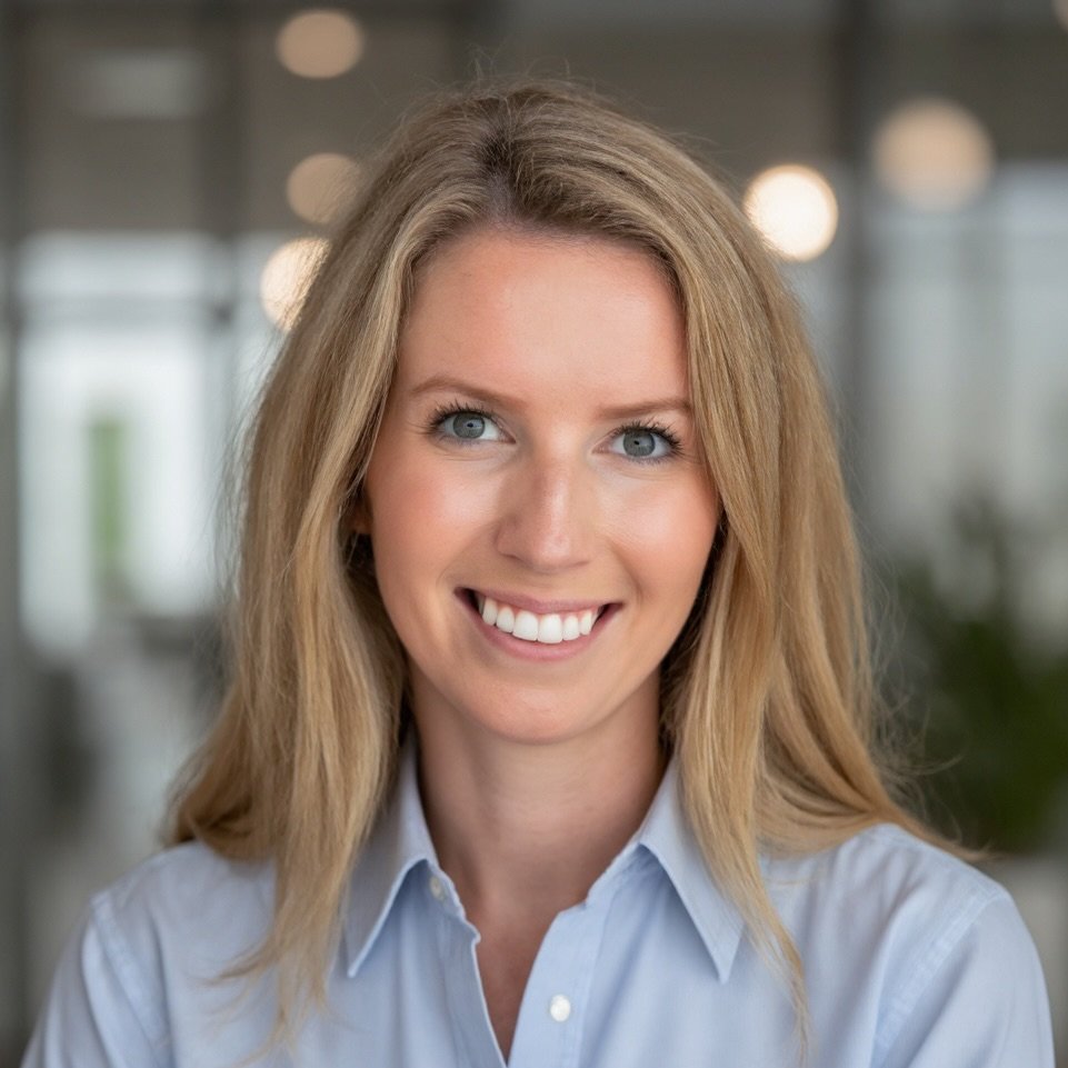 A young woman with blonde hair and blue eyes, smiling, wearing a light blue button-up shirt, in a modern indoor setting with blurred background lights.