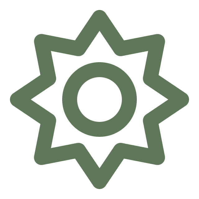 Green star-shaped badge with a hollow center and the number 0 inside.