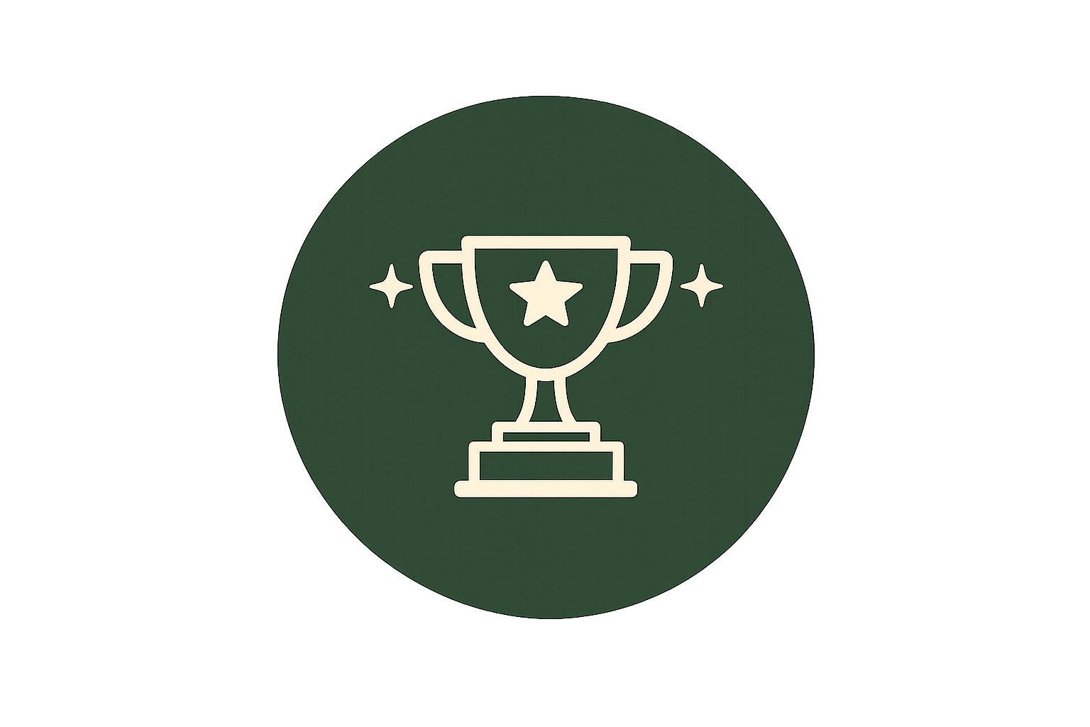 Icon of a trophy with a star in the center, flanked by two smaller stars, set within a dark green circle.