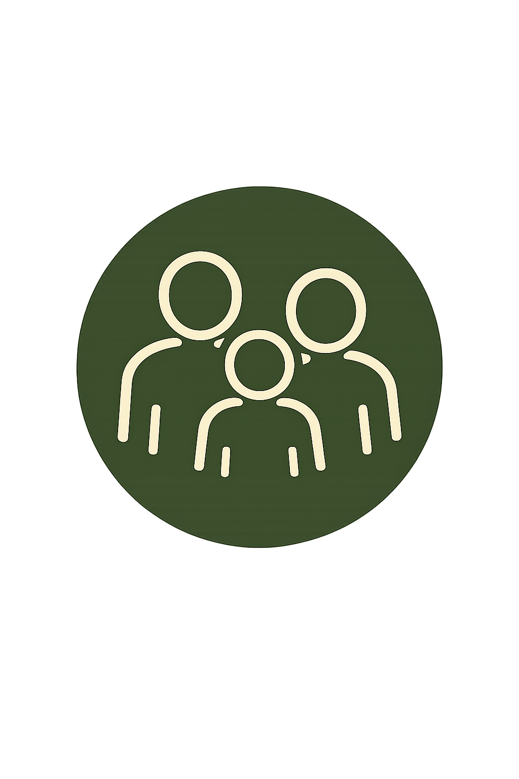 Icon of a family with two adults and one child on a green circular background.