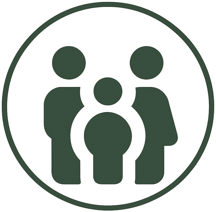 Icon of three stylized human figures inside a circle, representing community or teamwork.