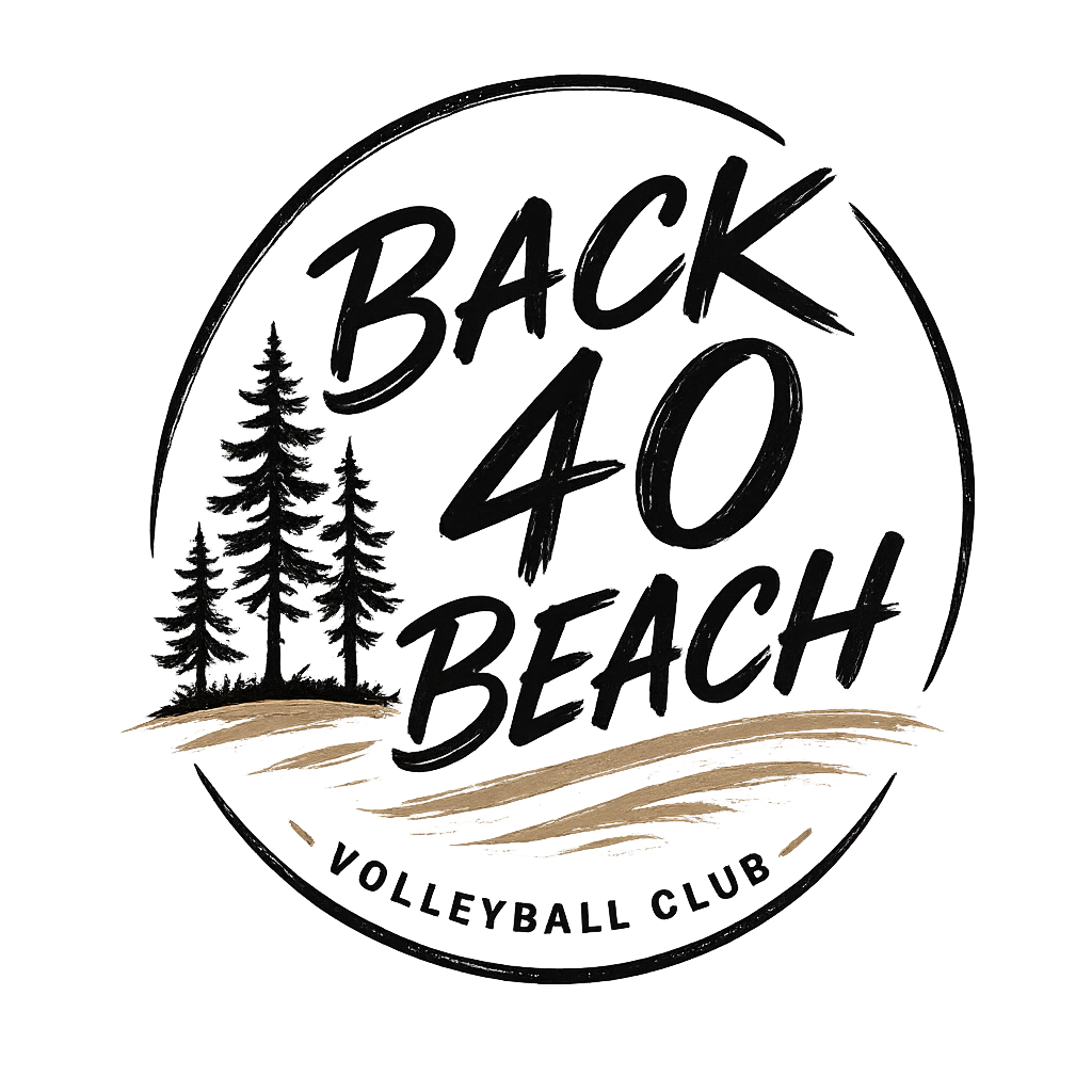 A sign or graphic that says 'Back 40 Beach Volleyball Club,' with a silhouette of pine trees and a sandy beach illustration.