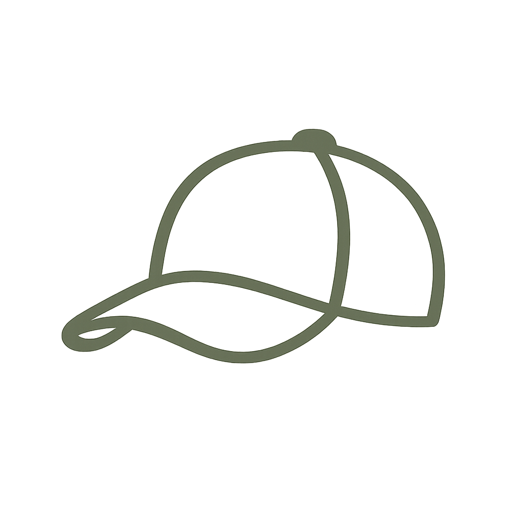 Line drawing of a baseball cap with a curved brim.