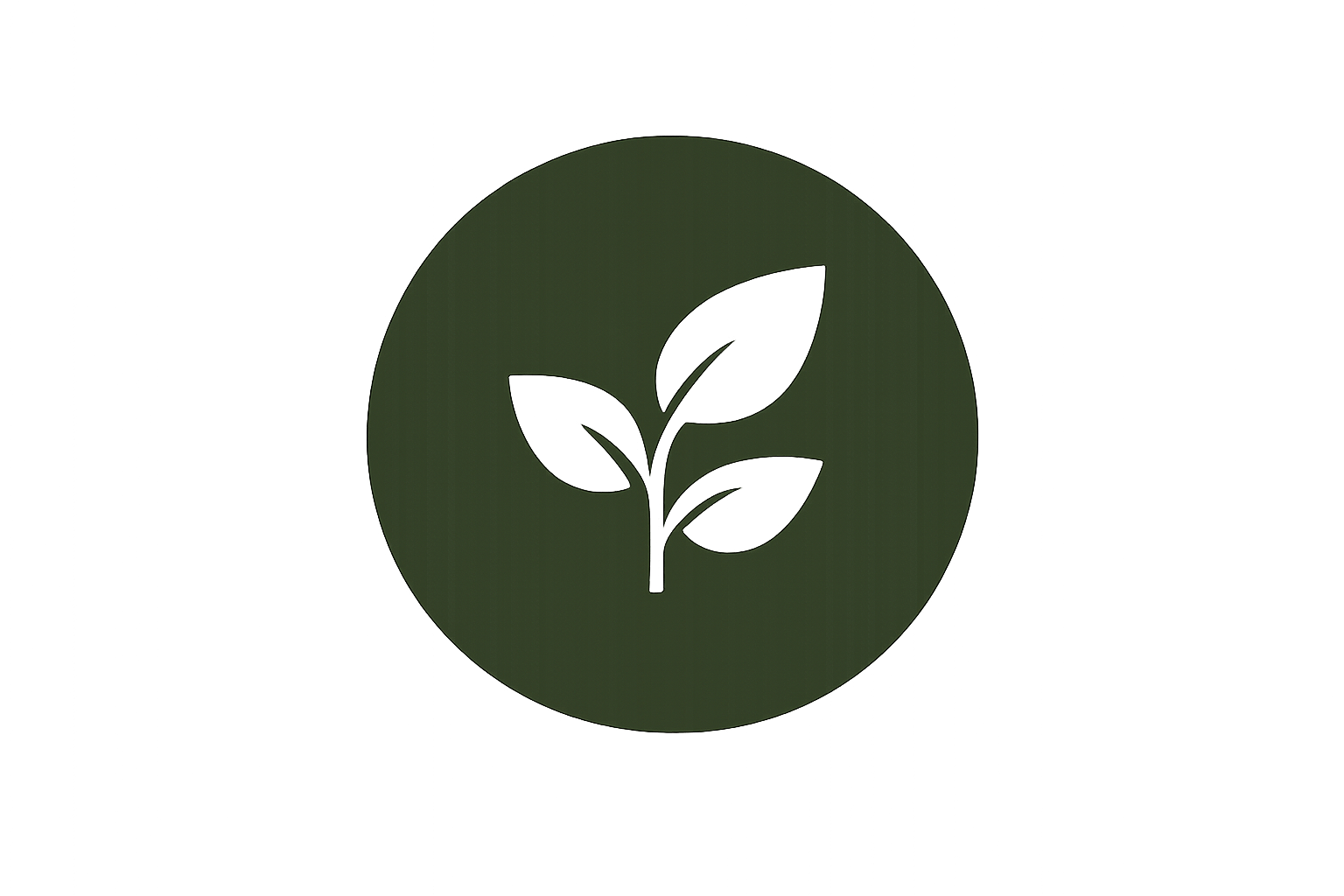 A dark green circular icon with a black silhouette of a plant with three leaves in the center.