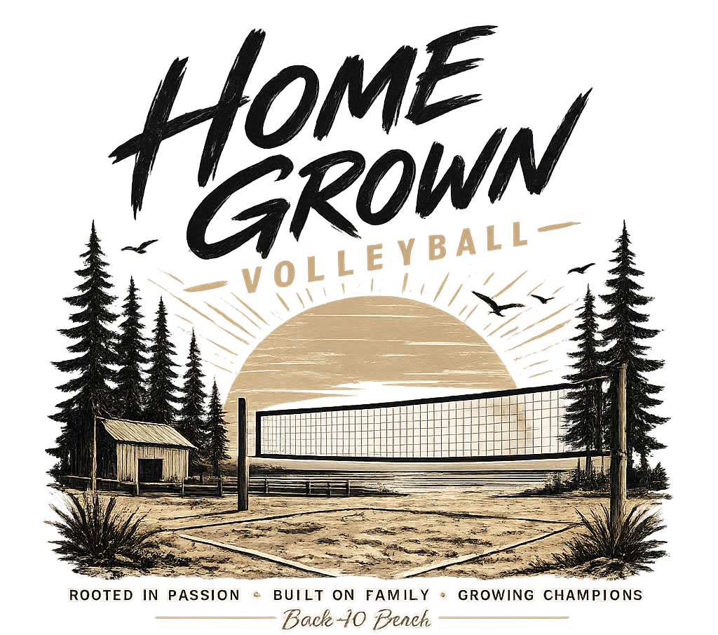 Home Grown Volleyball. image showing a sunset on a volleyball court surrounded by pine trees. Rooted in Passion , Built on Family, Growing Champions. Back 40 Beach