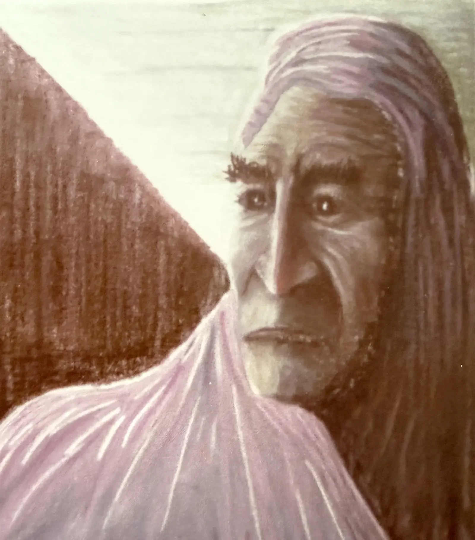 Pastel portrait by Jack Dell of an older woman wearing a purple headscarf, created in 1977.